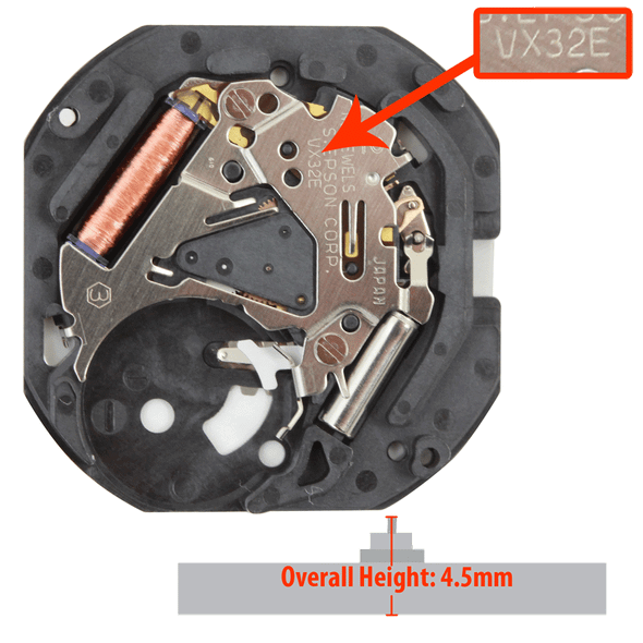 Hattori Japan 3 Hand Quartz Watch Movement VX32.2 Date at 3:00 Overall Height 4.5mm