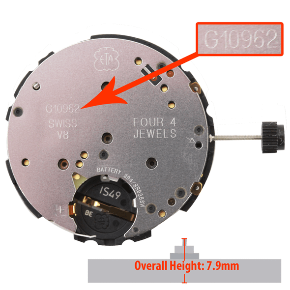 ETA Chrono Quartz Watch Movement G10.962 Date at 4:30 Overall Height 7.9mm