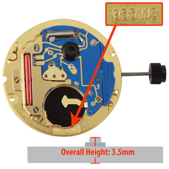 ETA 2 Hand Low Version Quartz Watch Movement 955.112-2 Date at 3:00 Overall Height 3.5mm