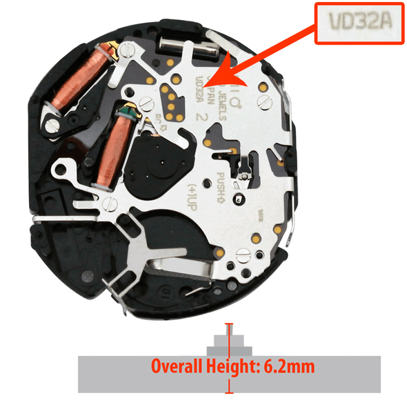 Hattori Japan Quartz Chronograph Watch Movement VD32 Overall Height 6.2mm