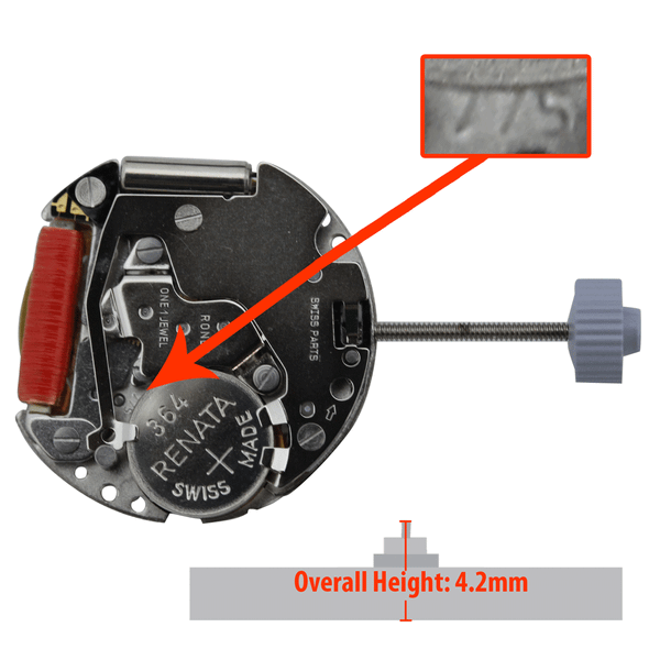 Harley Ronda 3 Hand Quartz Watch Movement HQ775.2 High Hand Pinion Date at 3:00 Overall Height 4.2mm