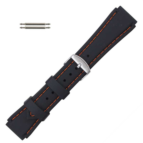 Black 22 mm Silicone Watch Band Sport Strap with Orange Stitching