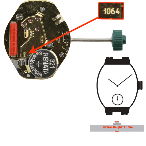 Harley Ronda 2 Hand with Small Second at 6:00 Quartz Watch Movement HQ1064G Swiss Gold Plates Overall Height 3.1mm