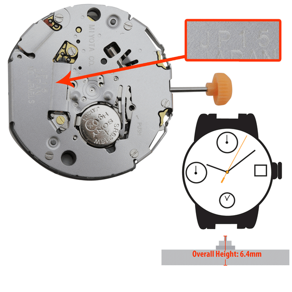Miyota/Citizen LTD Multifunction Quartz Watch Movement JP15 Overall Height 6.4mm