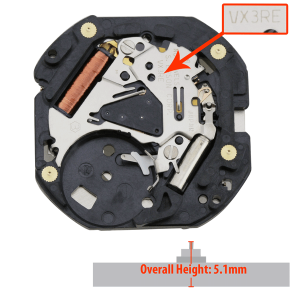 Hattori Japan 3 Hand Quartz Watch Movement VX3R Date at 6:00, Day at 9:00 Overall Height 5.1mm
