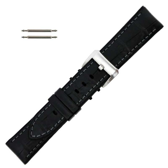 Black Leather 22MM Alligator Grain Stitched with Silicone Lining