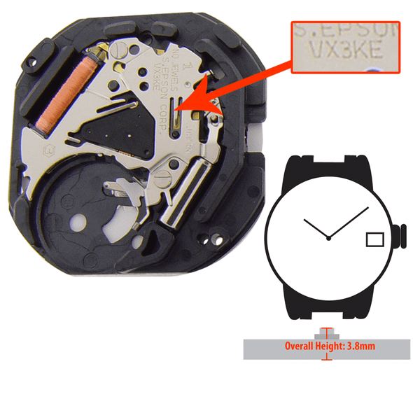 Hattori Japan 2 Hand Quartz Watch Movement VX3K Date at 3:00 Overall Height 3.8mm