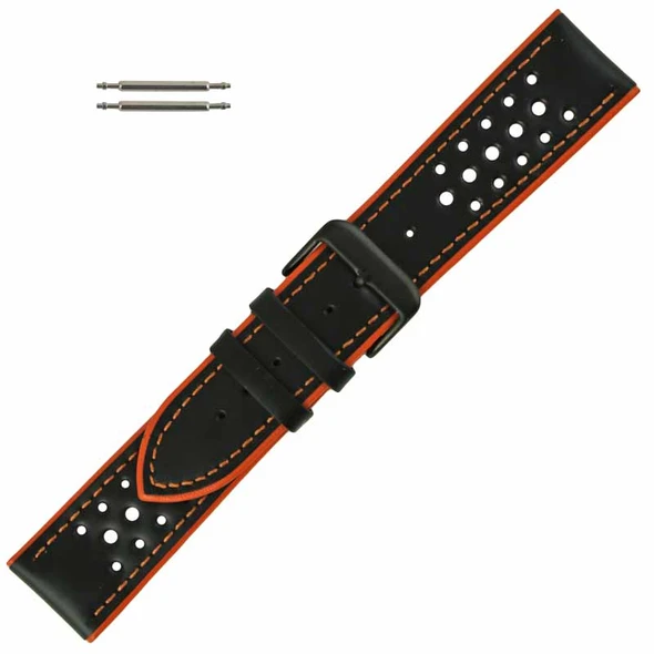 Hadley Roma Leather Watch Band Waterproof 22MM Black With Orange Stitching