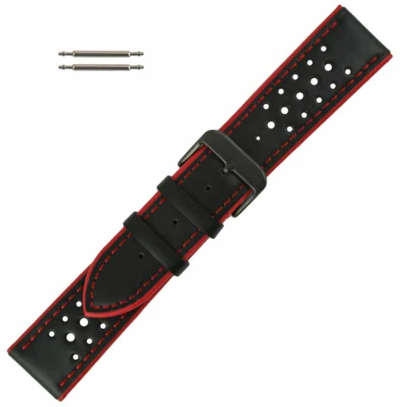 Hadley Roma Leather Watch Band Waterproof 22MM Black With Red Stitching