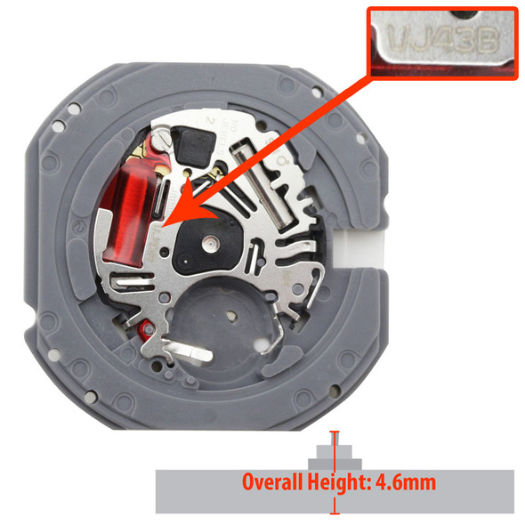 Hattori Japan 3 Hand Quartz Watch Movement VJ43 Day and Date at 3:00 Overall Height 4.6mm