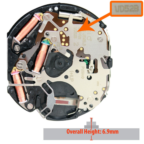 Hattori Japan 6 Hand Chrono Quartz Watch Movement VD52 Date at 6:00 Overall Height 6.9mm
