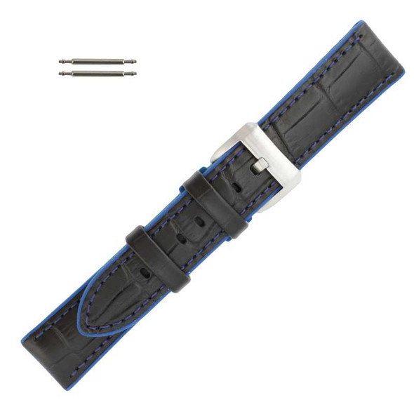 Black Leather 22MM Alligator Grain Stitched with Blue Silicone Lining