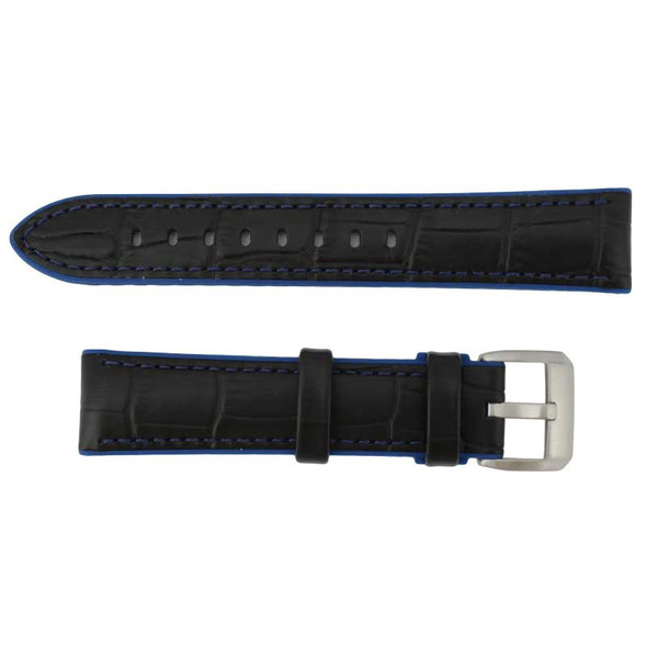 Black Leather 22MM Alligator Grain Stitched with Blue Silicone Lining