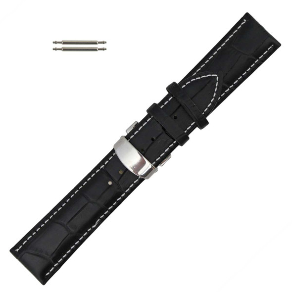 22mm Black Alligator Grain Leather Watch Band with Deployant Buckle 7 7/8 Inch Length