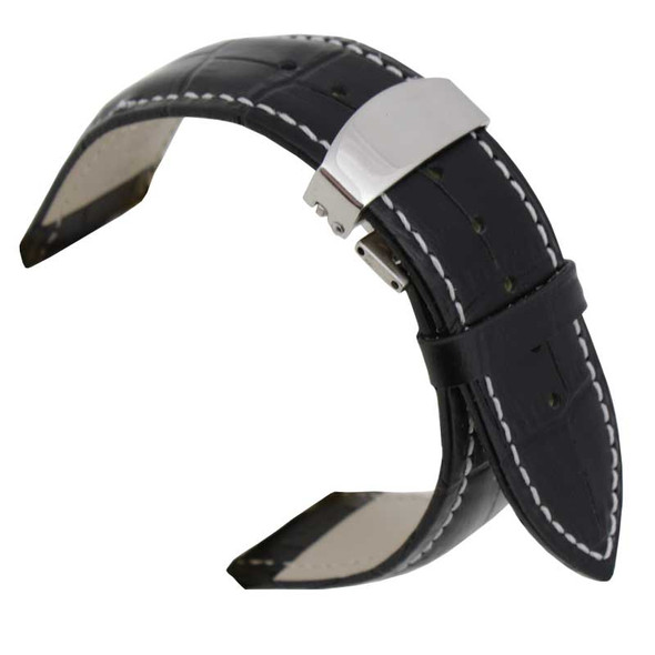 22mm Black Alligator Grain Leather Watch Band with Deployant Buckle 7 7/8 Inch Length