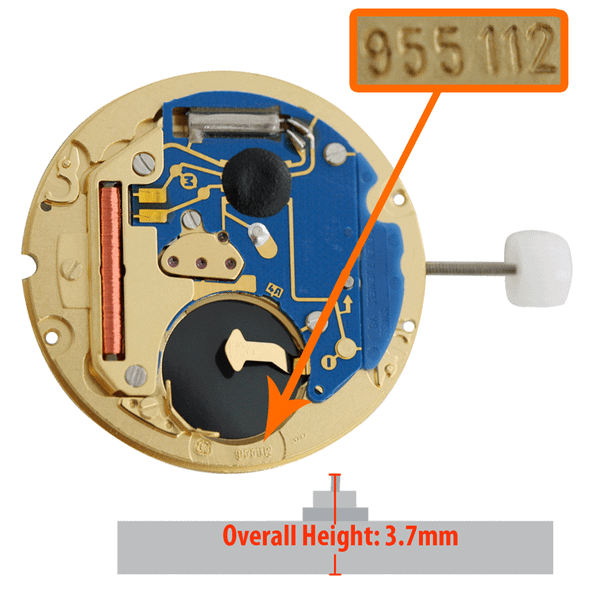 ETA 3 Hand Quartz Watch Movement Low Version 955.112.0-6 Date at 6:00 Overall Height 3.7mm