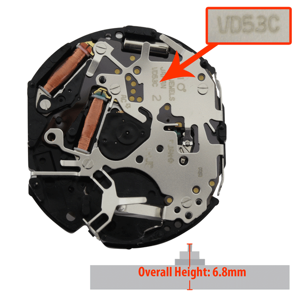 Hattori Japan 6 Hand Chrono Quartz Watch Movement VD53-6 Date At 6:00 Overall Height 6.8mm