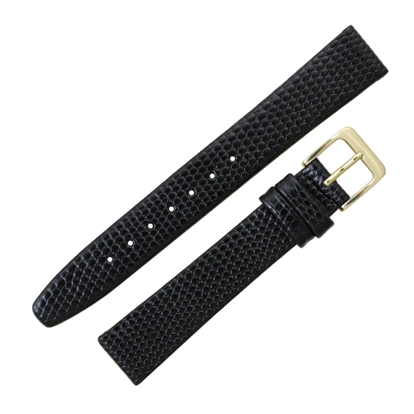 16mm Watch Band Black Long Leather Lizard Grain 8 1/4 Inch Length