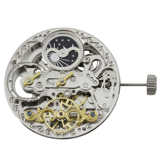 Chinese 4 Hand Skeleton Automatic Watch Movement Z2034 Dual Time at 9:00 Sun And Moon At 12:00 Overall Height 8.7mm