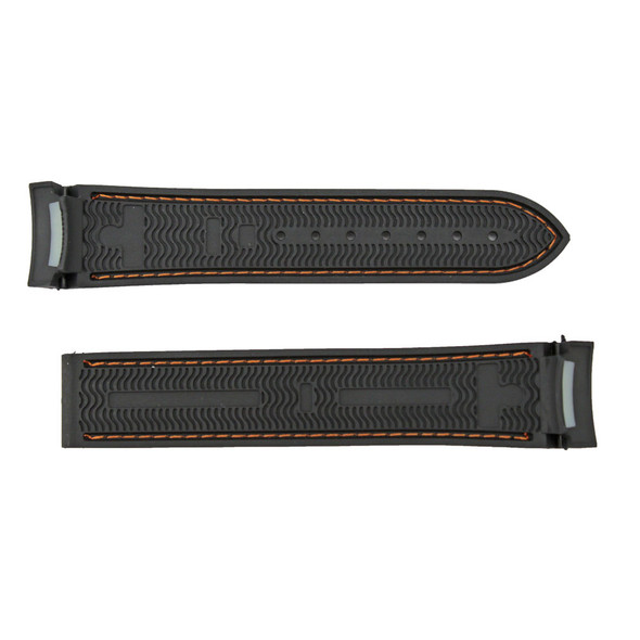 Made To Fit Omega® Speedmaster 20mm Black with Orange Stitching Curved Ends Rubber Watch Band NO CLASP 7 1/2 Inch Length