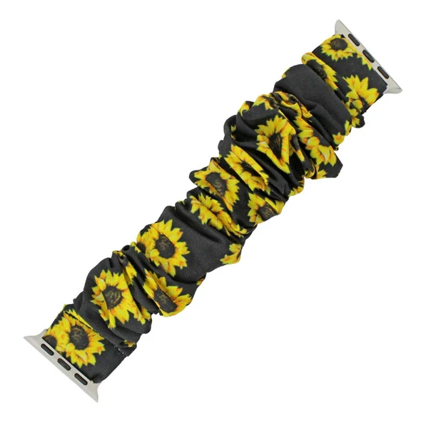 Sunflower Print Elastic Scrunchie Style Watch Band Made to Fit 42mm Apple® Watch