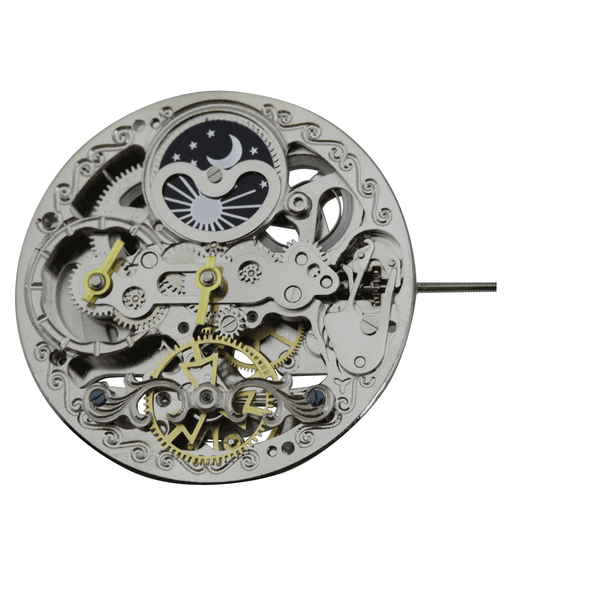 Chinese 4 Hand Skeleton Automatic Watch Movement Z2034 Dual Time at 9:00 Sun And Moon At 12:00 Overall Height 8.7mm