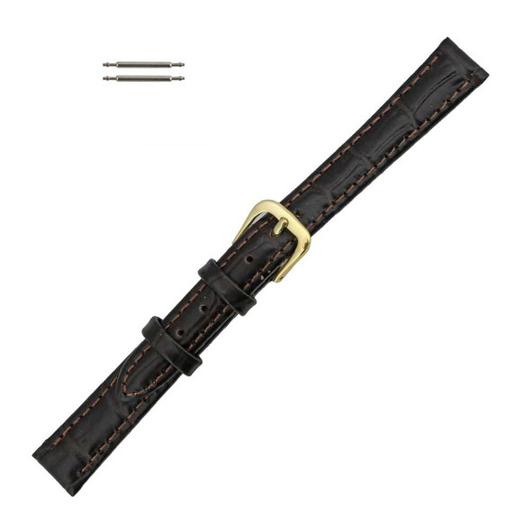 12mm Leather Watch Band Dark Brown Stitched Alligator Grain 6 5/8 Inch Length