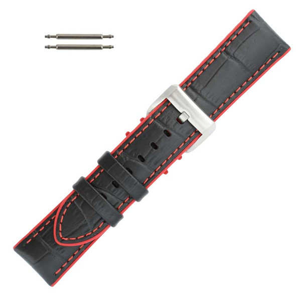 Black Leather 24MM Alligator Grain Stitched with Red Silicone Lining