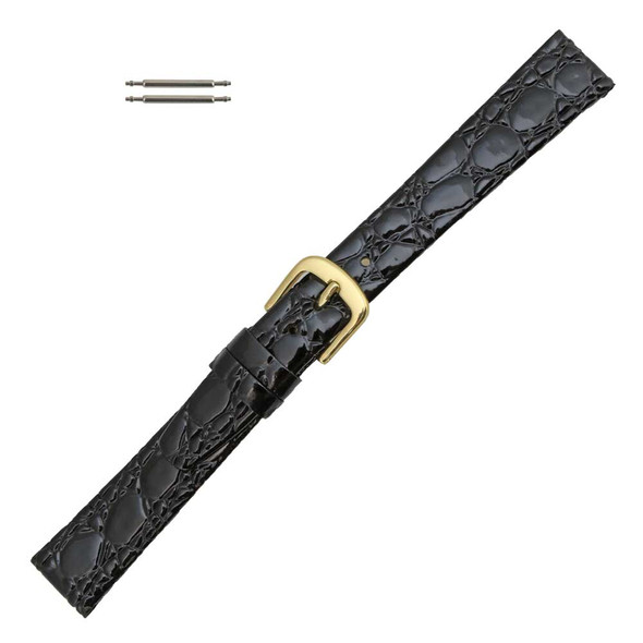Black Leather Watch Strap 12mm Shiny Flat Croco Grain 6 3/4 Inch Length