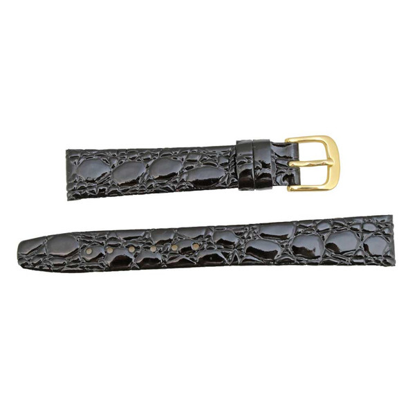 Black Leather Watch Strap 12mm Shiny Flat Croco Grain 6 3/4 Inch Length