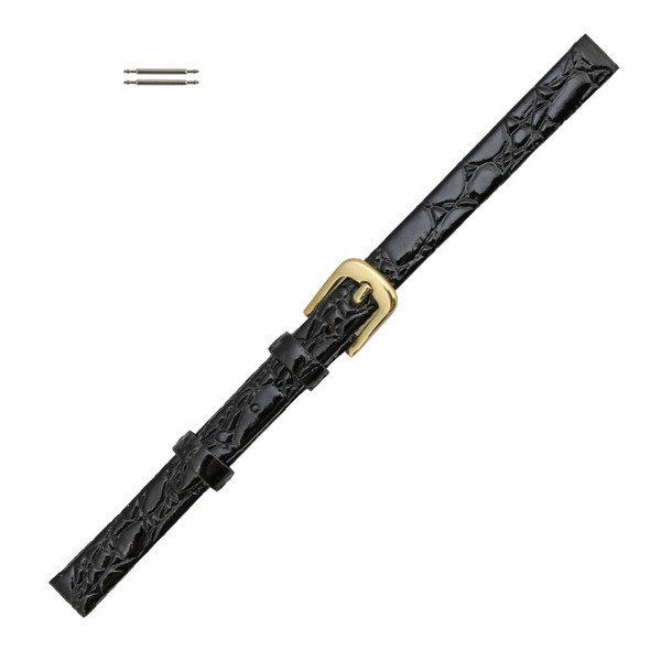 Black Leather Watch Strap 10mm Shiny Flat Croco Grain 6 3/4 Inch Length