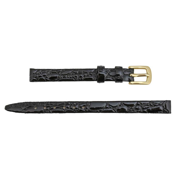 Black Leather Watch Strap 10mm Shiny Flat Croco Grain 6 3/4 Inch Length