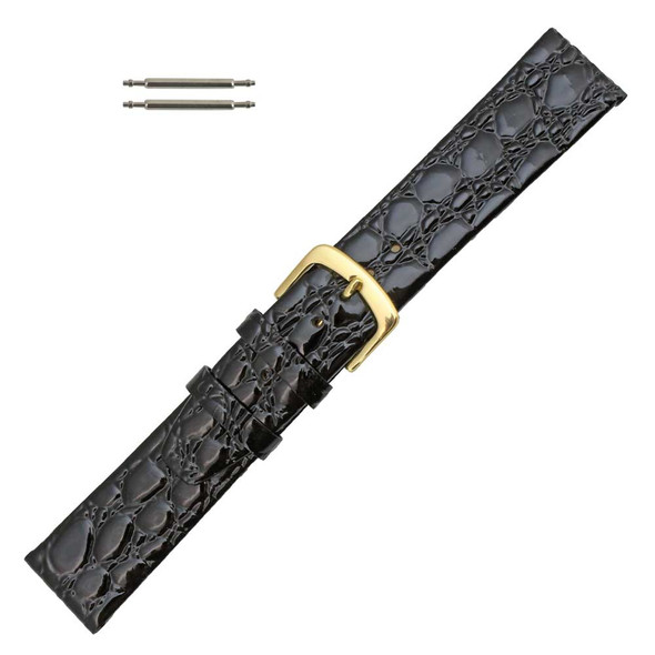 Black Leather Watch Strap 20mm Shiny Flat Croco Grain 7 1/2 Inch Length
