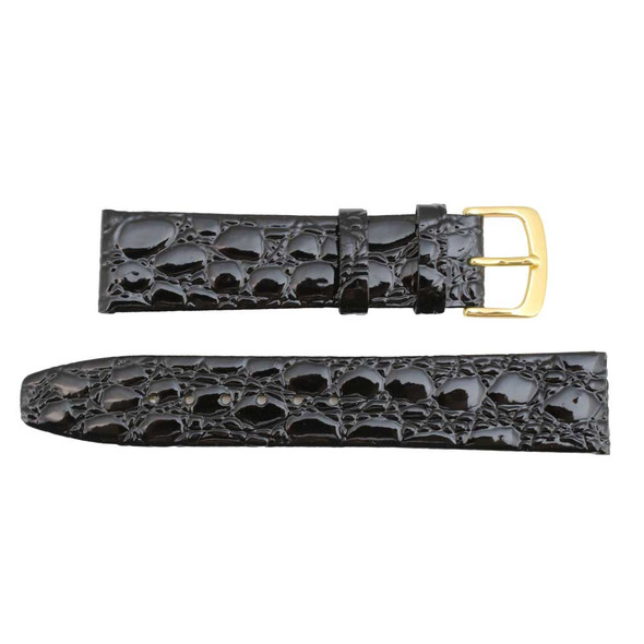 Black Leather Watch Strap 20mm Shiny Flat Croco Grain 7 1/2 Inch Length