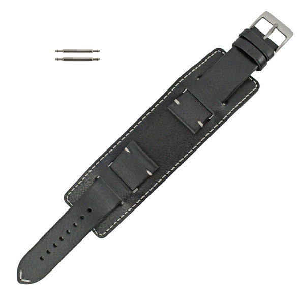 Vintage Style Wide Watch Band Cuff Style 24mm Black Leather Strap 7 3/4 Inch Length