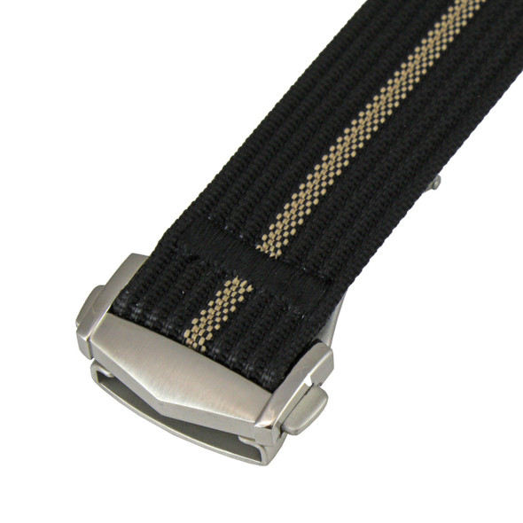 Black and Cream Stripped Ribbed Nylon Watch Band with Deployant Clasp 22mm Strap 9 14/16 Inch Length