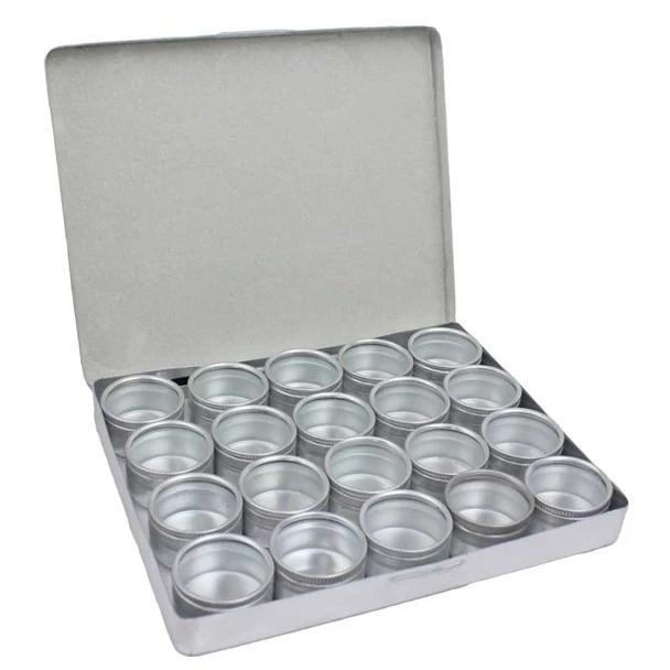 Aluminum storage box with 20 32mm tins with clear tops