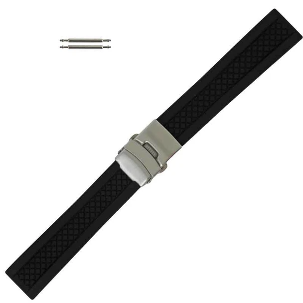 Silicone Watch Band 24mm Black Sport Watch Band Rubber Jelly With Tri Fold Clasp 7 3/8 Inch Length