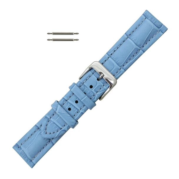 Light Blue Leather Watch Band 20mm Padded Alligator Grain Stitched 7 5/16 Inch Length