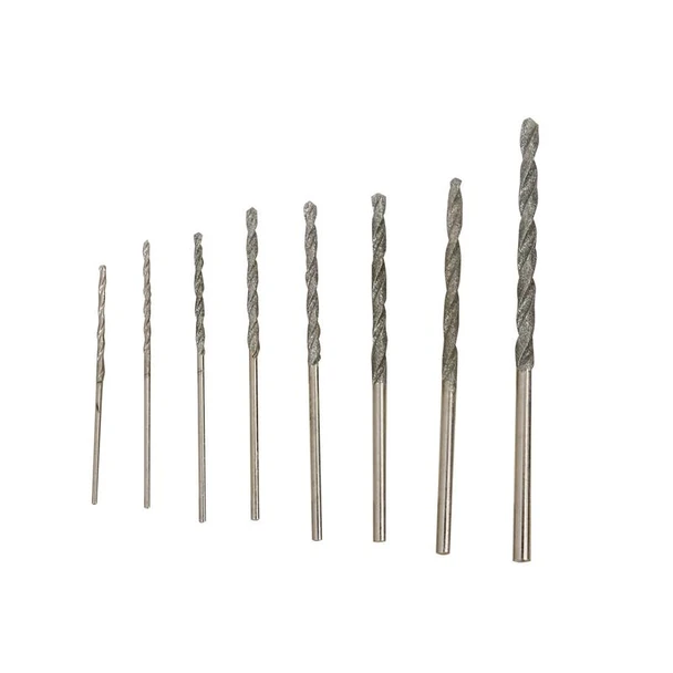 Eight piece set of mini diamond twist drill bits