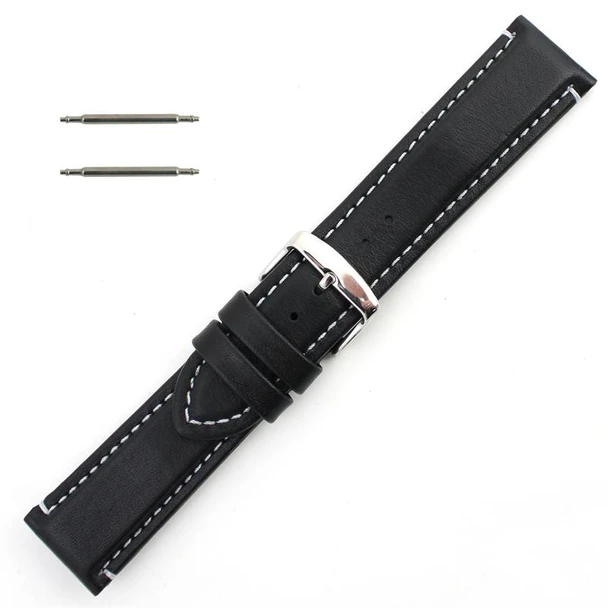 Waterproof Leather Watch Band 22mm Black With White Stitching 7 7/16 Inch Length