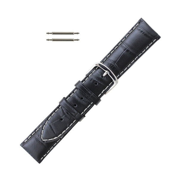 Hadley Roma Alligator Grain 20mm Black Italian Leather Watch Band  7 1/2 Inch Length