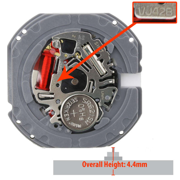 Hattori Japan 3 Hand Quartz Watch Movement VJ42 Date At 3:00 Overall Height 4.4mm