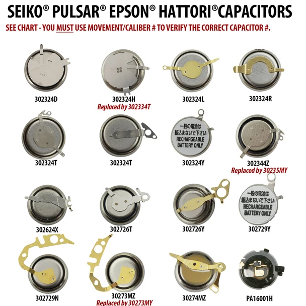 Seiko Pulsar Hattori Epson Genuine Solar Rechargeable Watch Capacitors, Accumulator Rechargeable Battery Kinetic Electricity Storage Unit, ESU, for Solar Powered and Kinetic Watch Models