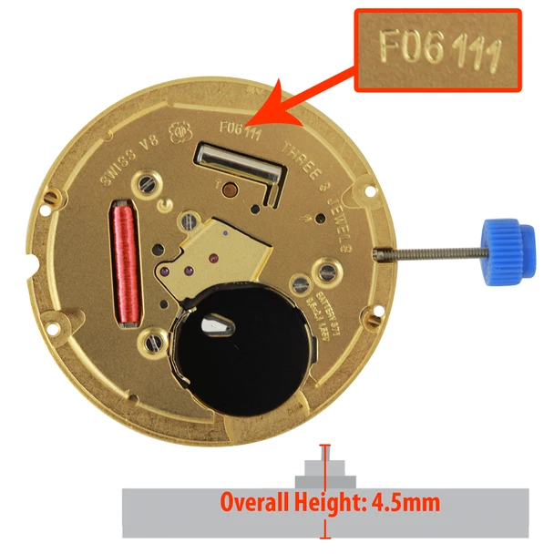 ETA 3 Hand Quartz Watch Movement F06.111.3 Date at 3:00 Overall Height 4.5mm
