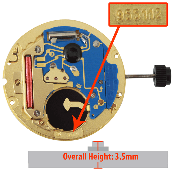 ETA 2 Hand Low Version Quartz Watch Movement 955.112-2 Date at 3:00 Overall Height 3.5mm
