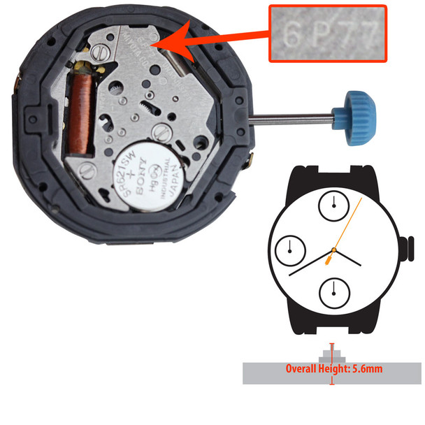 Miyota/Citizen LTD 6 Hand Quartz Watch Movement 6P77 Multifunction High Hand Pinions Overall Height 5.6mm