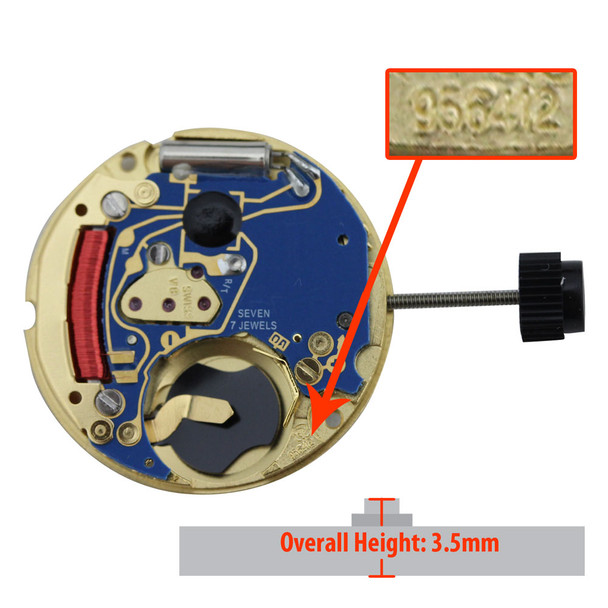ETA 2 Hand Quartz Watch Movement 956.412-2.0 Date at 3:00 Low Hand Height Overall Height 3.5mm