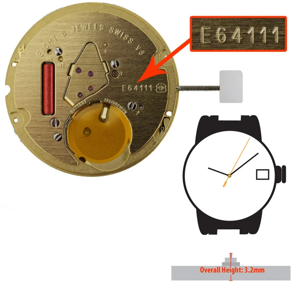 ETA 3 Hand Quartz Watch Movement E64.111 Date at 3:00 Overall Height 3.2mm