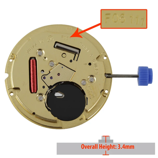 ETA 2 Hand Quartz Watch Movement F06.111-2.0 Date at 3:00 Overall Height 3.4mm
